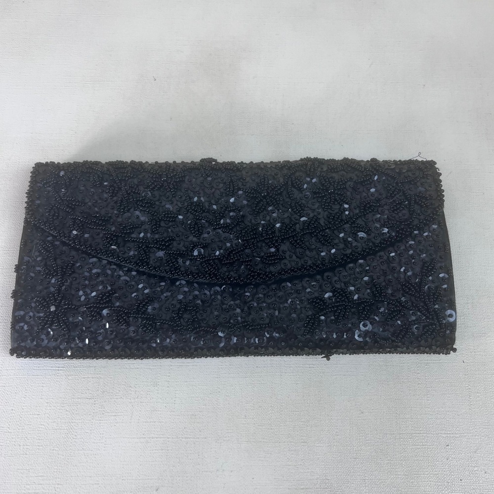 Beaded Evening Bag Clutch Purse Black Sequin Party Cocktail Made‎ in Hong Kong
